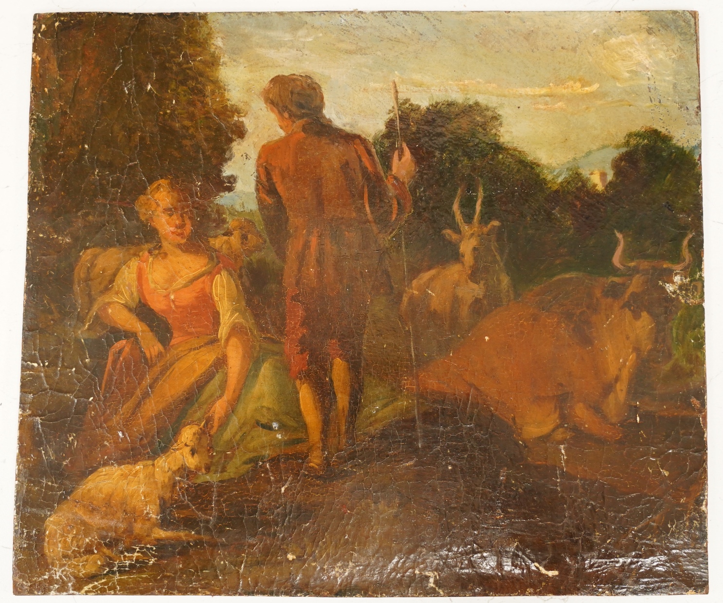 Italian School, oil on board, Figures and cattle before a landscape, 31 x 36cm, unframed. Condition - poor